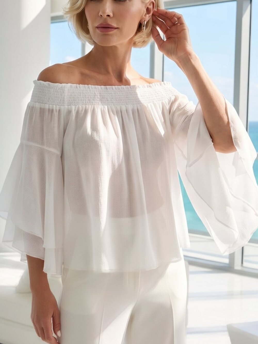 NEW! Ramy Brook White Textured sheer Off-Shoulder Top S